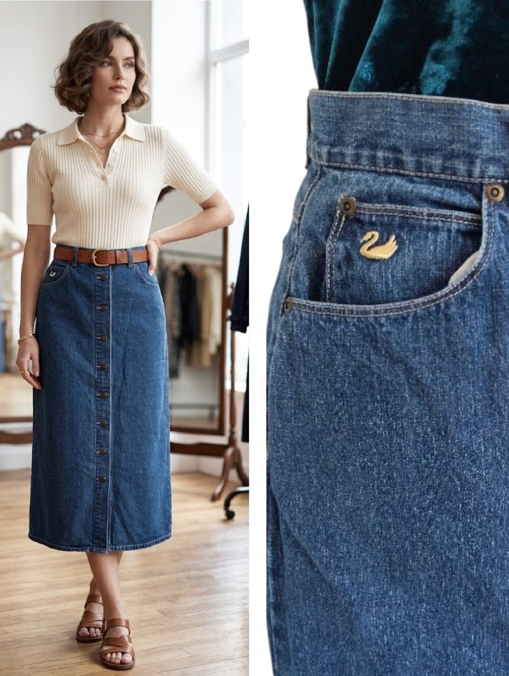 VTG Gloria Vanderbilt Blue Denim Button Front Midi Jean Skirt SZ 10 w/ Swan